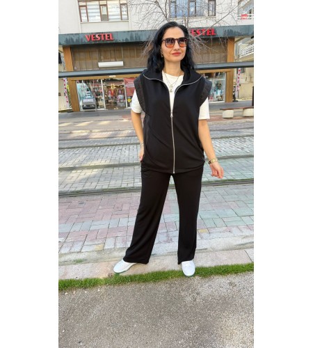 PARAŞÜT DETAYLI YELEK Lİ TAKIM  SİYAH 